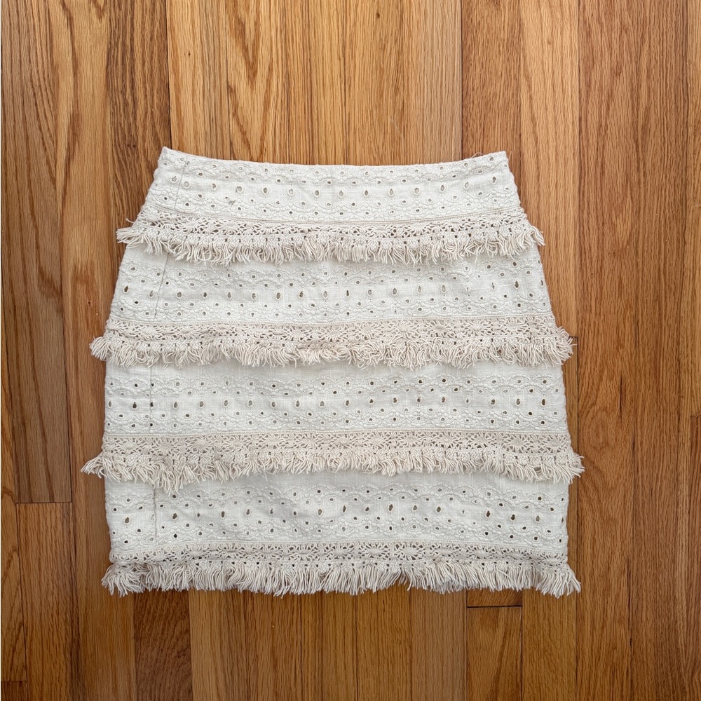 Anthro HD in Paris Cream Linen/Lace Fringe Skirt Size 2